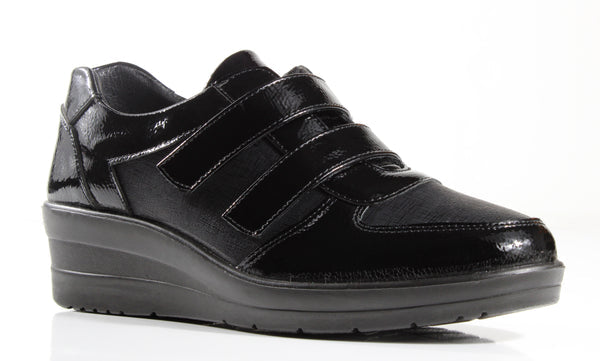 P Comfort WW1676 Black Patent PU Twin Velcro Strap Wedge Shoes